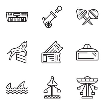 9 set Carousel, fuar, köpekbalıkları, Vr gibi basit düzenlenebilir simgeleri gözlük, Bilet, at, şeker, savaş topu, Synthesizer