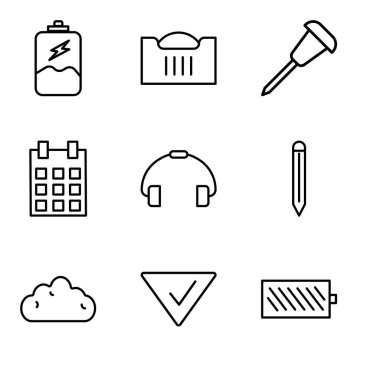 Pil gibi 9 basit düzenlenebilir simgelerin düzey ayarla, onay işareti, bulut, düzenleme aracı, telefon kolu, takvim gün 5, raptiye, alışveriş sepeti, pil şarj