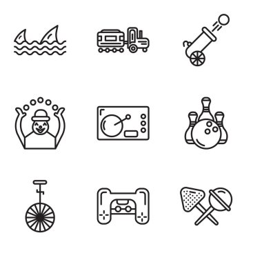 9 set şeker, Playstation, sirk, Bowling, kahve, maymun, savaş topu, çocuk, köpek balıkları gibi basit düzenlenebilir simgeleri