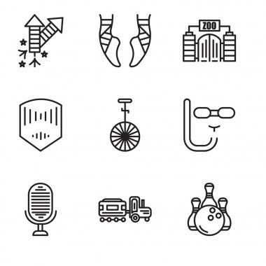 9 set basit düzenlenebilir gibi simgeleri Bowling, çocuk, maske, Dalış mikrofon, sirk, maske, Hayvanat Bahçesi, bale, havai fişek