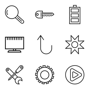 9 set oyun düğme, dişli, tornavida ve İngiliz anahtarı, gibi basit düzenlenebilir simgeleri yıldız, İptal düğmesi, televizyon, pil seviyesi, anahtar, cam büyütme