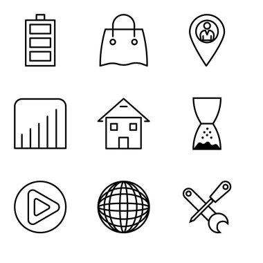 9 set tornavida ve İngiliz anahtarı, uluslararası Küre, oynat düğmesini, gibi basit düzenlenebilir simgeleri el yaptı, Anasayfa, kapsam düzeyi, konum işaretçisi, yeniden kullanılabilir alışveriş çantası, pil düzeyi işaret eden