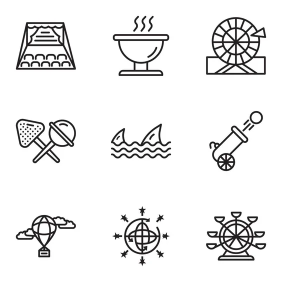 Conjunto de 9 ícones editáveis simples, como roda gigante, bola de disco, balão de ar quente, canhão, tubarões, doces, roda, Bbq, palco — Vetor de Stock
