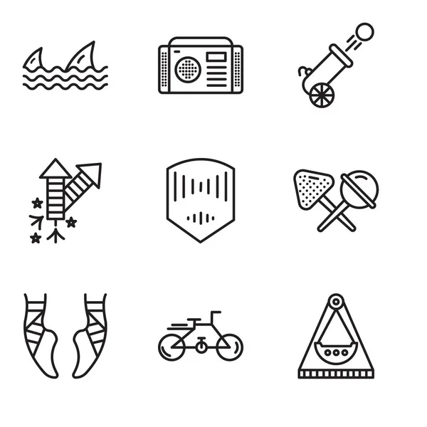 Conjunto de 9 ícones editáveis simples, como carrossel, bicicleta, balé, doces, máscara, fogos de artifício, canhão, rádio, tubarões — Vetor de Stock