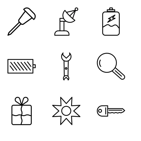 Set de 9 iconos editables simples como llave, estrella, marcador, lupa, llave inglesa, nivel de batería, carga de batería, antena parabólica, pasador — Archivo Imágenes Vectoriales