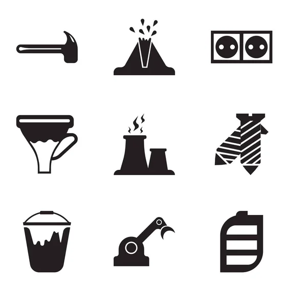 Набор из 9 простых редактируемых значков, таких как батарея, Дженни, цветное ведро, галстук, тканевый пар, воронка, розетка, вулкан, молоток — стоковый вектор