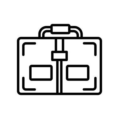 Bavul simge vektör işareti ve üzerinde beyaz adam izole sembolü