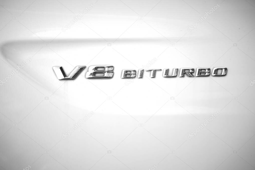 The close-up of the chrome-plated plaque of the V8 Mercedes AMG Biturbo on March 10, 2017 in Mainz.