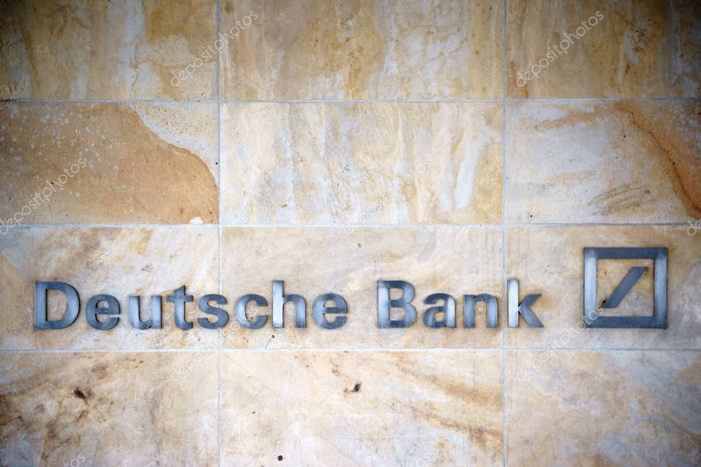 The entrance sign and logo of the German Bank on a facade of marble on April 20, 2017 in Mainz.