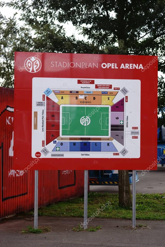 The stadium plan of the Opel Arena of the 1. FSV Mainz 05 on a sign in front of the stadium on August 20, 2017 in Mainz.