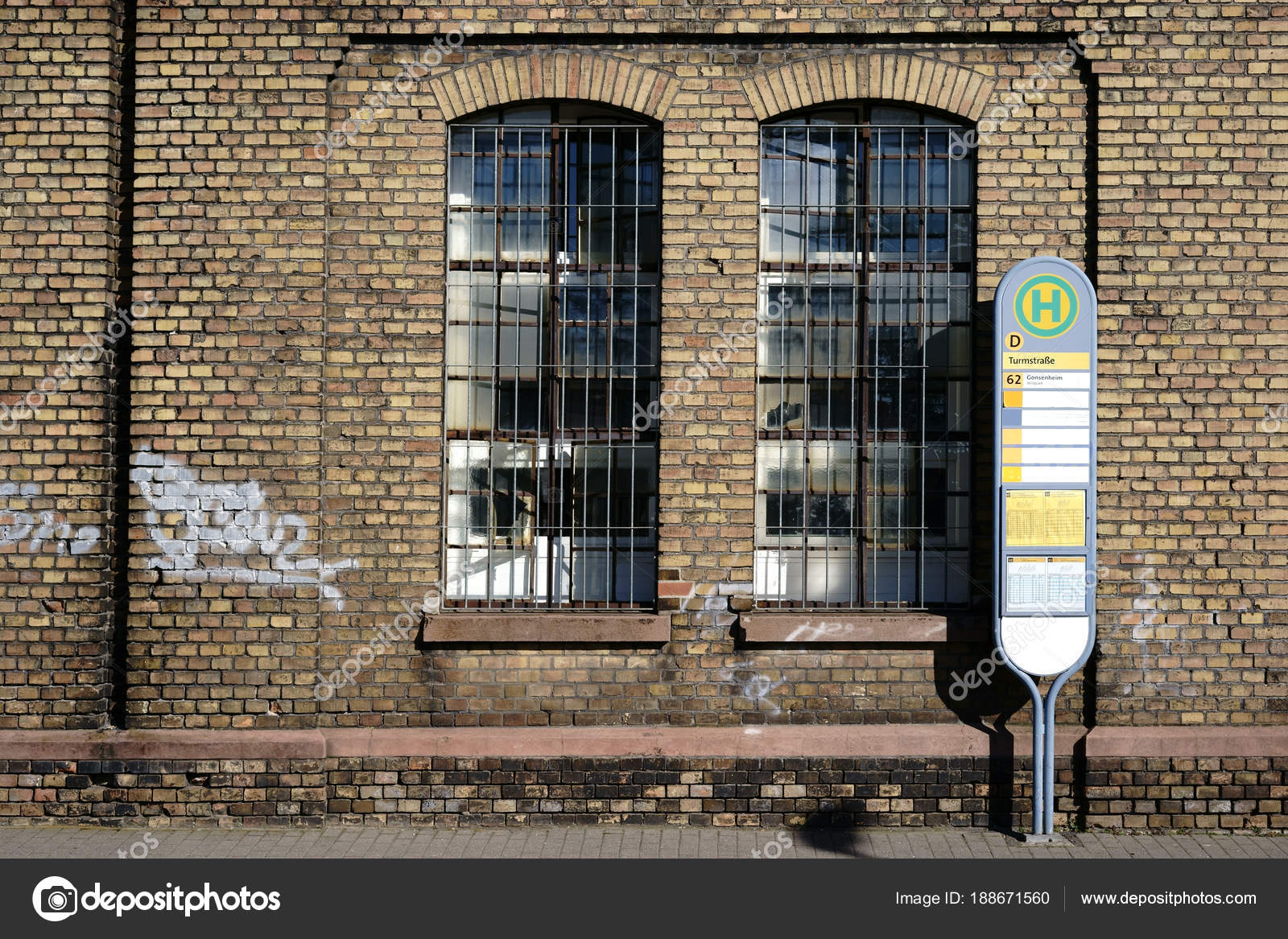 Bus Stop Disused Factory Bus Stop Sign Stands Front Brick — Stock Photo