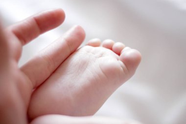 Yeni doğmuş bir bebeğin bacağı bir yetişkinin elinde.