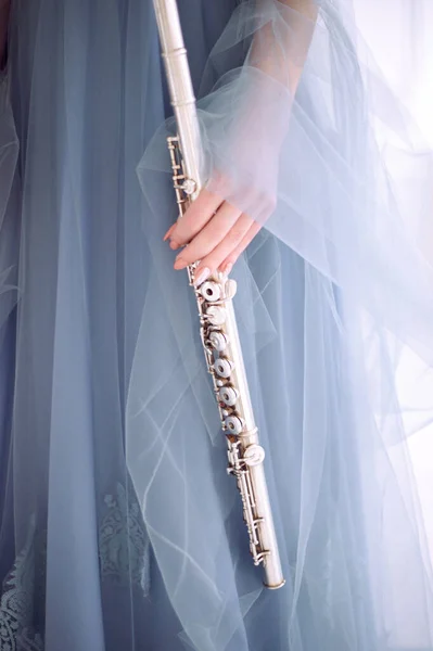 Woman Blue Dress Holds Flute — Stock Photo, Image