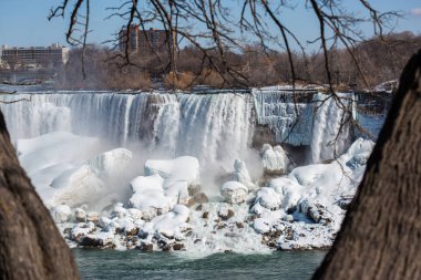 Baharda yapraksız ağaç tarafından çerçeveli bir frijit şelale