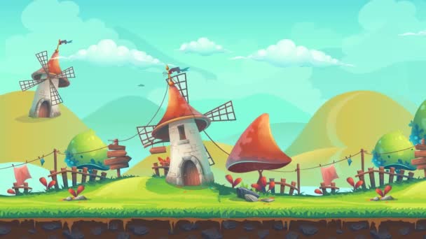 Мультфильм Village Background Animation — стоковое видео
