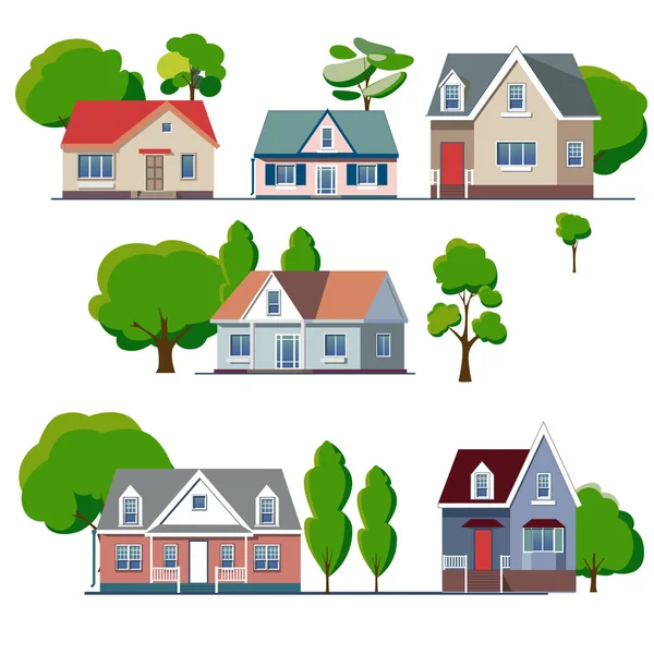 Vector Plano Icono Casa Suburbana Americana Con Árboles Para Diseño — Vector de stock