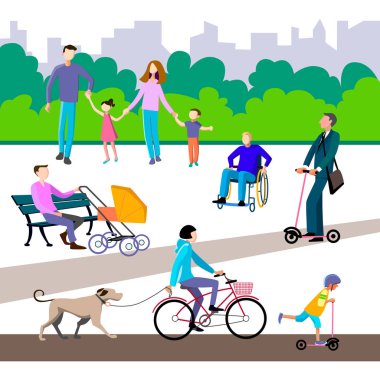 Parents and children are walking in the park, father with baby in stroller is sitting on the bench, man in the wheelchair,woman on bike and with dog on leash . clipart