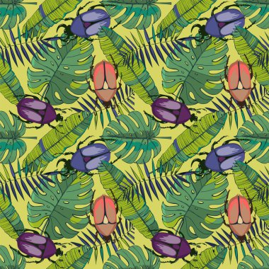 Egzotik yapraklı ve böcekli tropikal vektör tasarımı