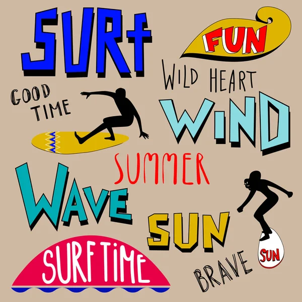 Surfa. Surfare och stora vågor. Surf grafiskt. T-shirt design. Typografi surfing — Stock vektor