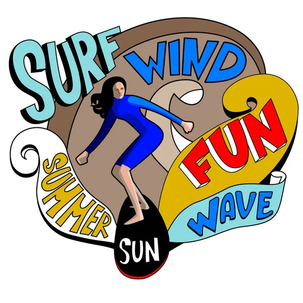 Surf. Surfista y gran ola. gráfico de surf. Diseño de camiseta. Tipografía surf — Vector de stock