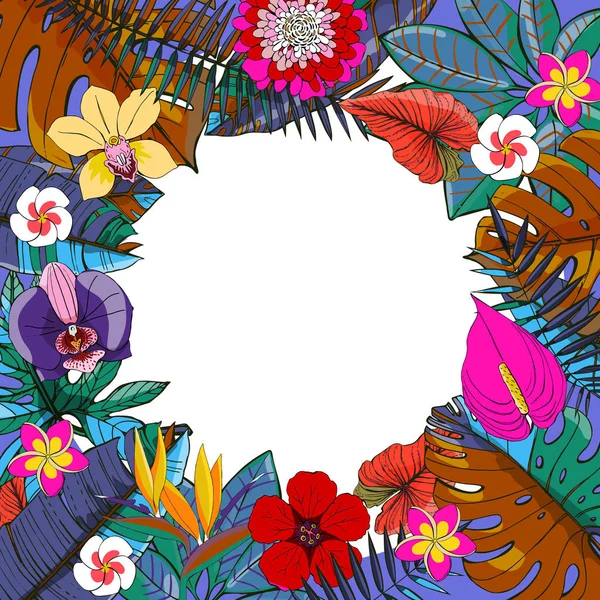 Diseño vectorial tropical con hojas de palma exóticas, hibisco, flores de orquídeas — Vector de stock