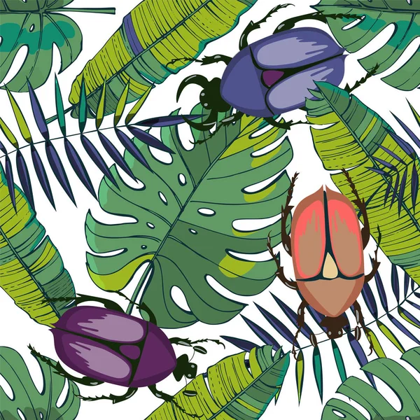 Diseño vectorial tropical con hojas exóticas y escarabajos — Vector de stock