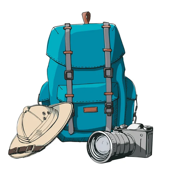 Hand drawn vector illustration camera, , backpack, hat — Stock Vector