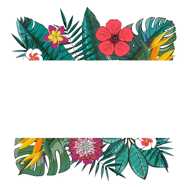 Tropisches Vektordesign mit exotischen Palmblättern, Hibiskus, Orchideenblüten. — Stockvektor