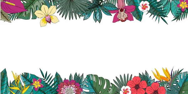 Tropisches Vektordesign mit exotischen Palmblättern, Hibiskus, Orchideenblüten. — Stockvektor