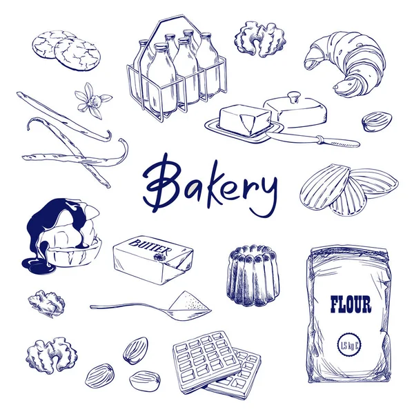 Handritad skiss med bröd, bakverk, sött. Bageri set vektor illustration. — Stock vektor