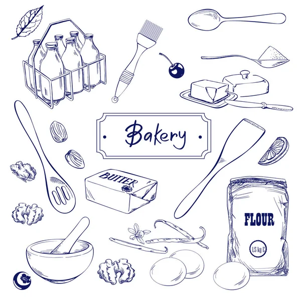 Hand drawn sketch with bread, pastry, sweet. Bakery set vector illustration. — Stock Vector