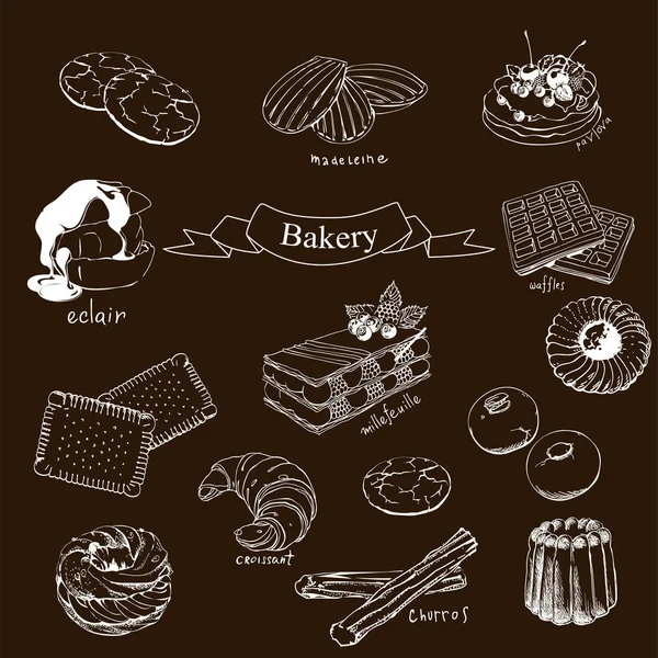 Gaufres, Madeleine, Croissant, Petites sables, Canela, Churros, Paris Brest, Eclair, Pavlova — Image vectorielle