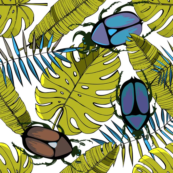 Tropical vector design with exotic leaves and beetles . — 스톡 벡터