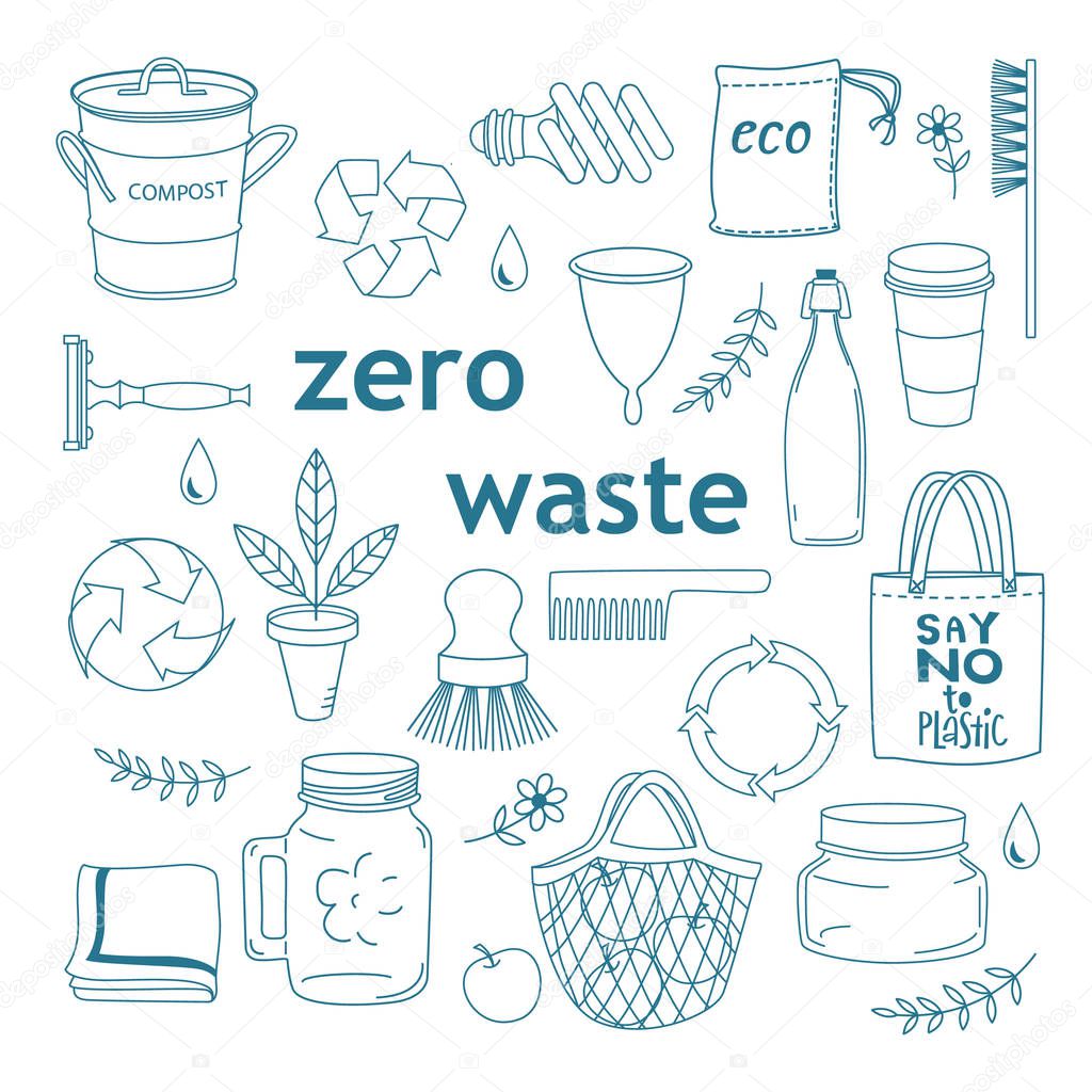 Zero waste concept. Monochrome line art collection of eco and waste elements.