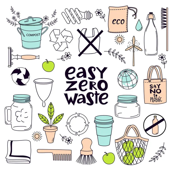 Zero-Waste-Konzept aufgestellt. farbenfrohe Kollektion von Öko- und Abfallelementen. Vektorillustration. Leichtes Zero-Waste. — Stockvektor