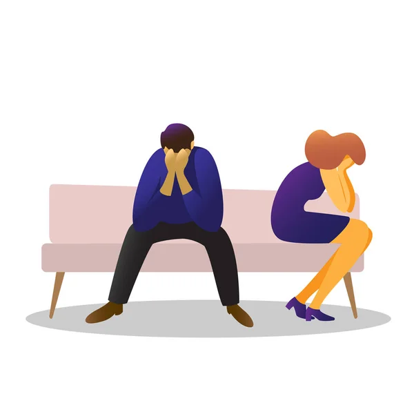 Чоловік і жінка сумно сидять на дивані. Комплексна психологічна ситуація, конфлікт, стрес, боротьба . — стоковий вектор