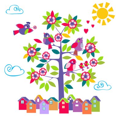 Çiçek açan ağaçlar, kuşlar ve evler ile renkli çizimler