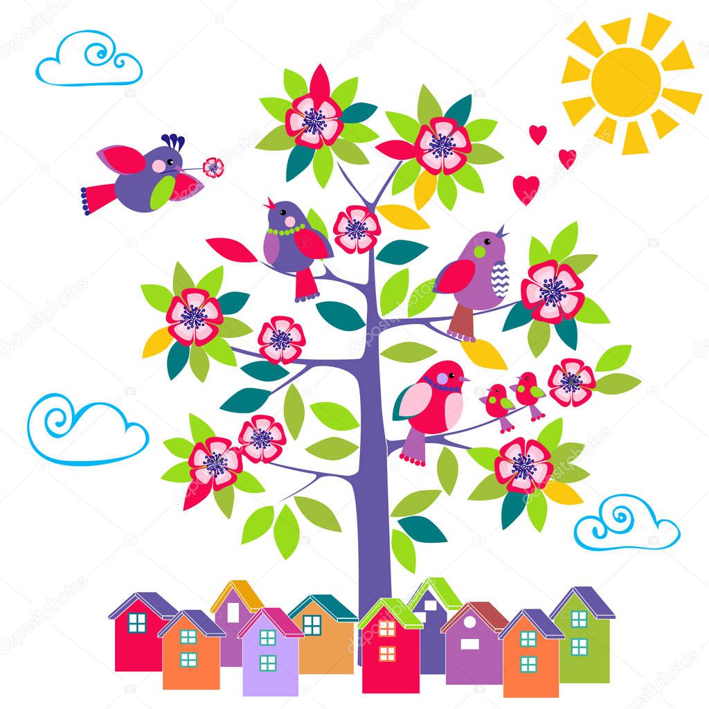 Colorful illustration with Flowering tree and Birds and houses