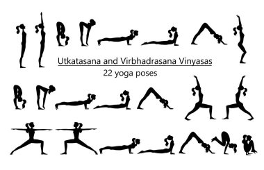 Yoga yapan bir grup vektör silueti. Değişik yoga pozlarında vücudunu esneten esnek bir kızın simgeleri. Beyaz arka planda izole edilmiş siyah kadın şekilleri.
