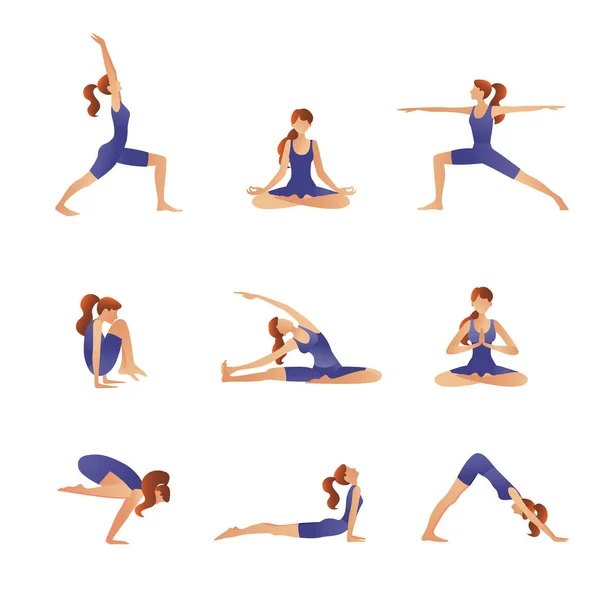 Conjunto de siluetas vectoriales de mujer haciendo ejercicios de yoga. Iconos de chica flexible estirando su cuerpo en diferentes posturas de yoga. Formas coloridas de la mujer aislada sobre fondo blanco . — Vector de stock