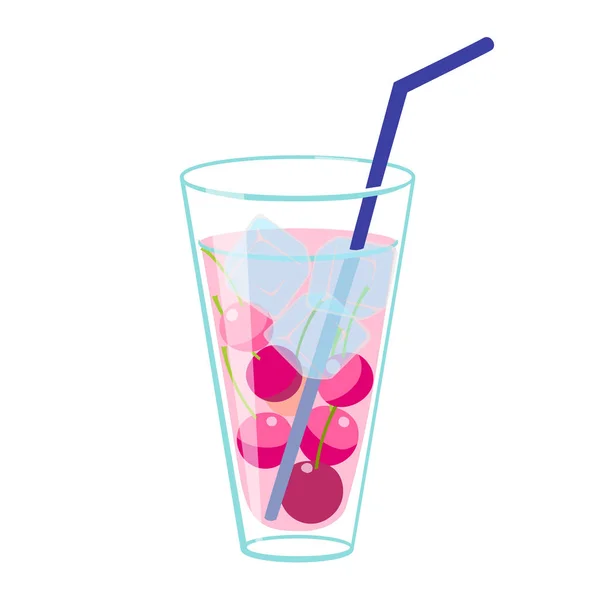 Ποτήρι με κρύο ποτό, καλαμάκι, μούρα και πάγο. Θερινό δροσερό ποτό. Εικόνα διανύσματος χρώματος. Κάθετη εικόνα για κάρτες, φυλλάδια, εικονογραφήσεις — Διανυσματικό Αρχείο