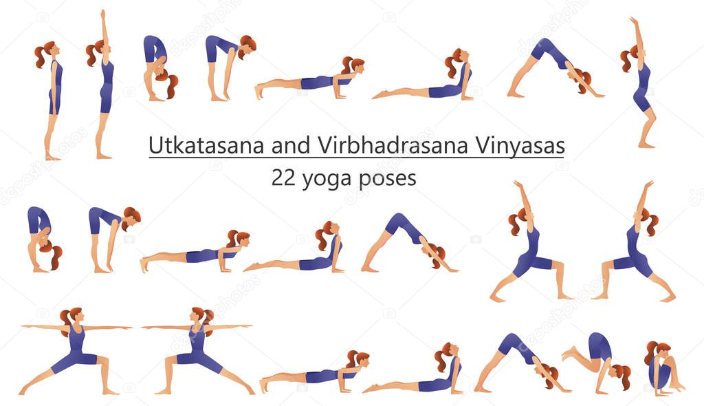 Set of vector silhouettes of woman doing yoga exercises. Icons of flexible girl stretching her body in different yoga poses. Colorful shapes of woman isolated on white background.