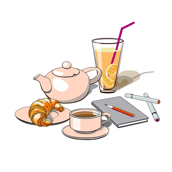 Café, almuerzo, desayuno, croissant, taza, vaso de limonada, notebook  . — Archivo Imágenes Vectoriales