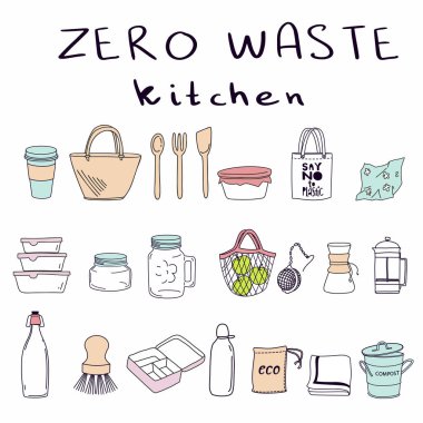 Hand drawn elements of zero waste kitchen life in vector clipart