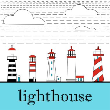 Büyük düz fenerler izole ayarlayın. Kırmızı, siyah, Beyaz su deniz feneri. minimalizm. düz binalar simgesi. mimari nesneleri. eski ve modern. düşük, yüksek, küçük, büyük deniz feneri.