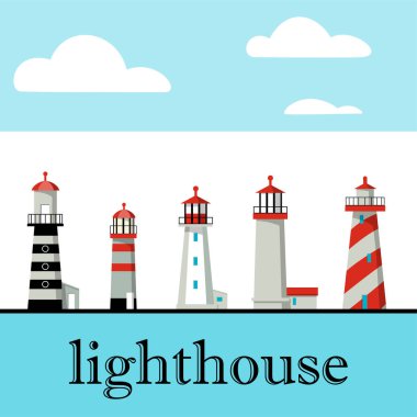 Büyük düz fenerler izole ayarlayın. Kırmızı, siyah, Beyaz su deniz feneri. minimalizm. düz binalar simgesi. mimari nesneleri. eski ve modern. düşük, yüksek, küçük, büyük deniz feneri.