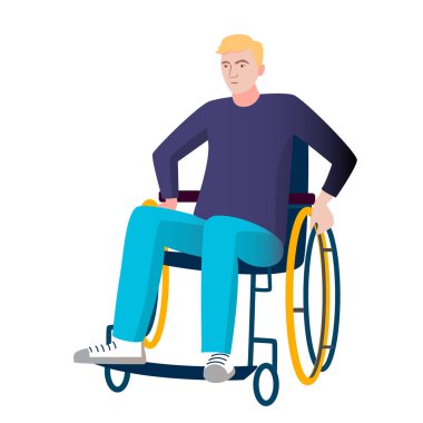 Tekerlekli sandalyedekiler. Engelli bir hastane hastası. Engelli genç çocuk ve erkek karakter tekerlekli sandalyede otururken geçersiz renkli vektör izole edilmiş simge