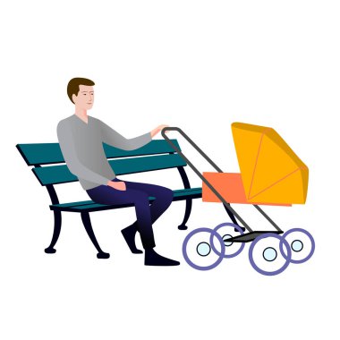 Bir bebek arabasının yanındaki bankta oturan genç bir adam. Çocuğunla parkta yürüyüş yapan neşeli, bekar bir baba. Park yassı vektör illüstrasyonunda erkek dadı.