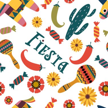 Kusursuz desen: pinata, kaktüs, marakas, çiçekler, beyaz arka planda şeker..