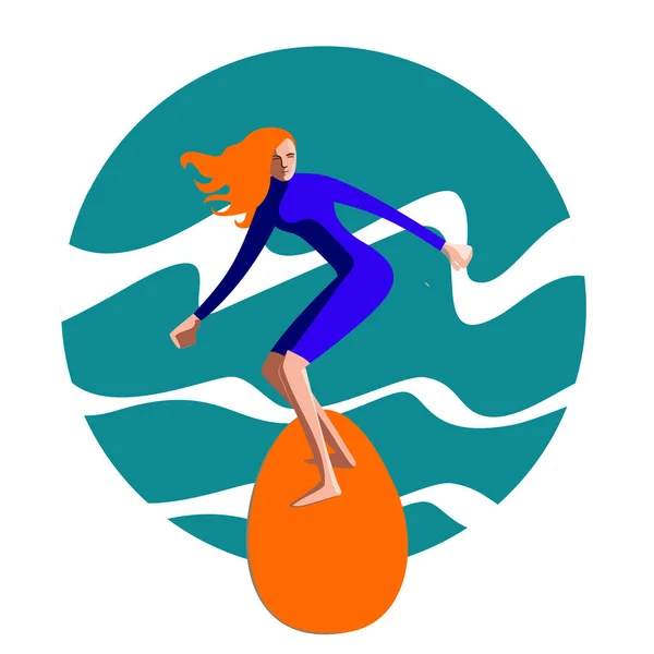 Una mujer se desliza sobre el agua de pie sobre una tabla de surf. Imagen de vector de color — Vector de stock